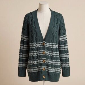 Esprit Cable Knit Cardigan Dark Green Light Sage Striped Preppy Academia